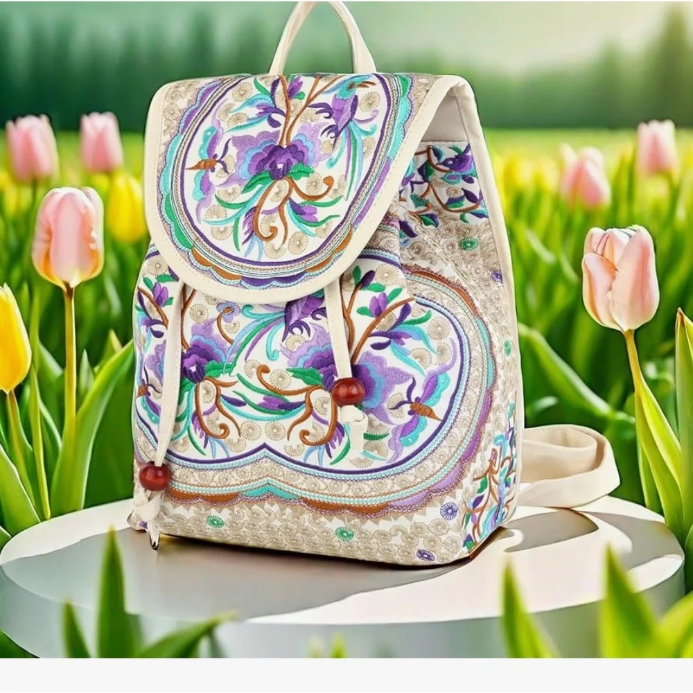 Elegant Floral Embroidered Backpack - Cream and Purple